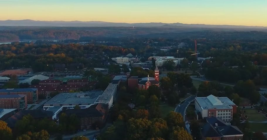 A portrait view of Clemson University's campus at an altitude of 15,000 feet.