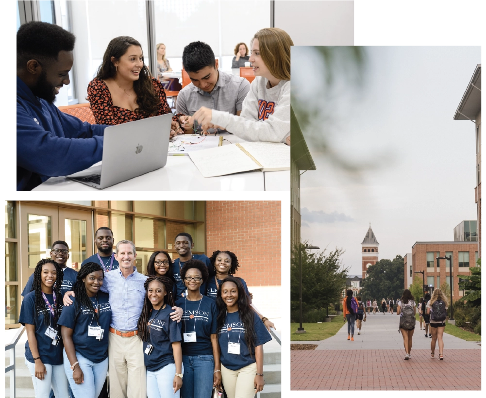 A photo collage of students working together at a table, students walking on the Clemson University campus, and Mark Richardson posing with a group of students.