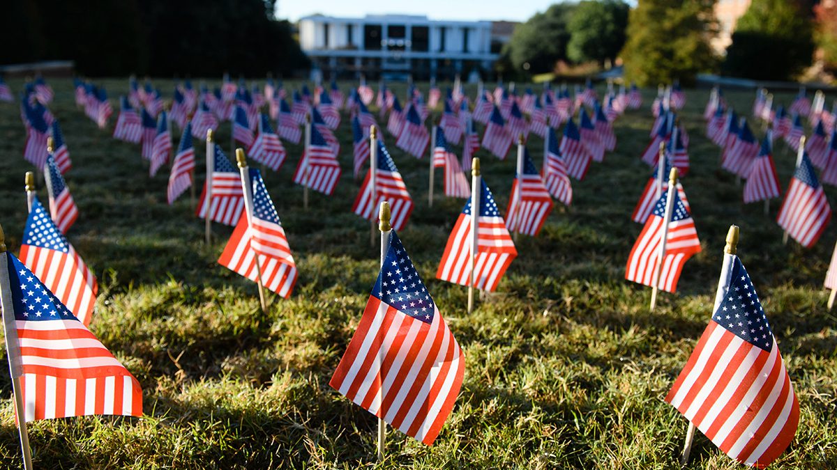 Tiny American flags fill the foreground of a grassy area on Clemson's campus with Cooper Library is in the background during Military Appreciation Week 2021.