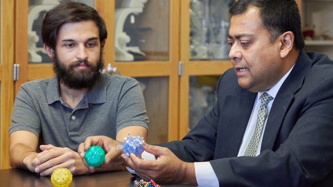 Kaustubha Qanungo, a lecturer in the Clemson University College of Science, uses magnetic fidget toys to help teach the structure of viruses to his Introduction to Virology class