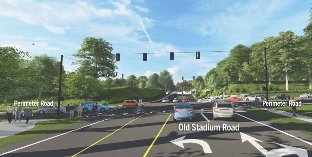 A rendering of the completed widened Perimeter Road (left-right) and realigned Williamson Road