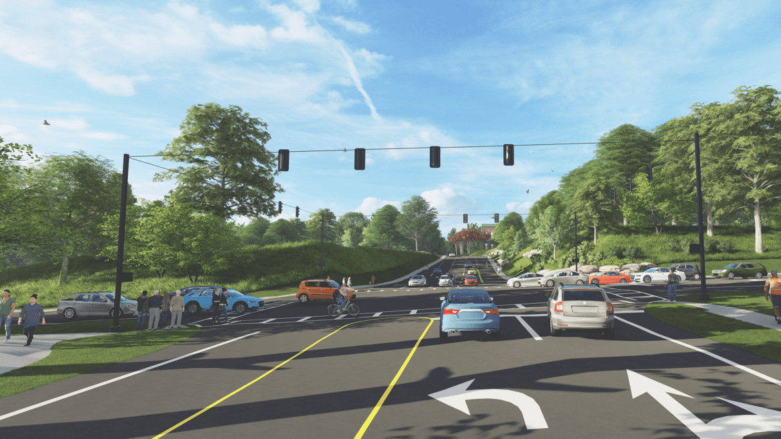 A rendering of the completed widened Perimeter Road and realigned Williamson Road.