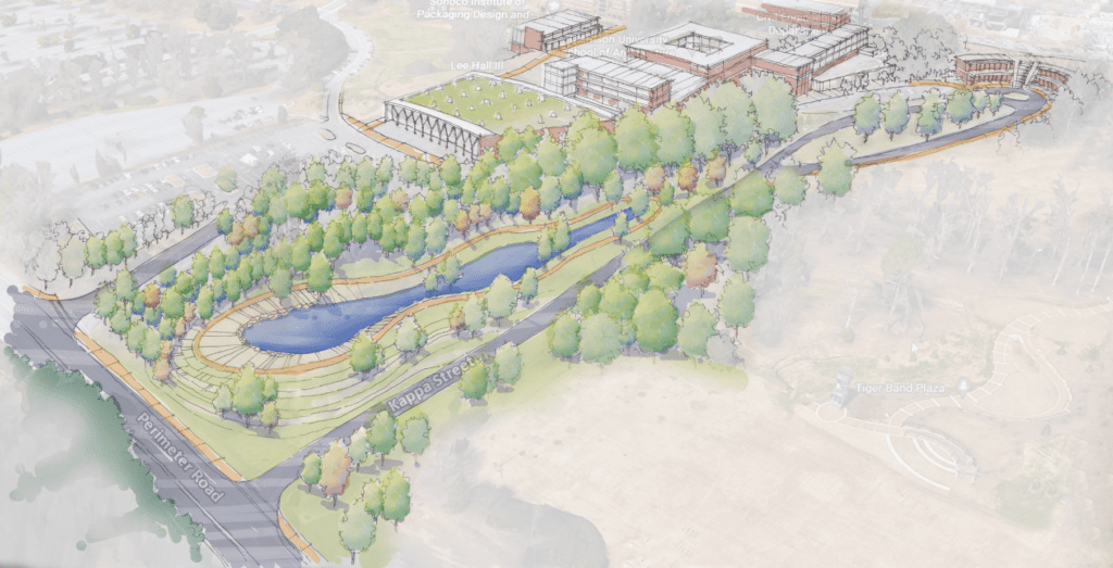 A drawing of the completed South Campus Stormwater pond, pedestrian path and landscaping.