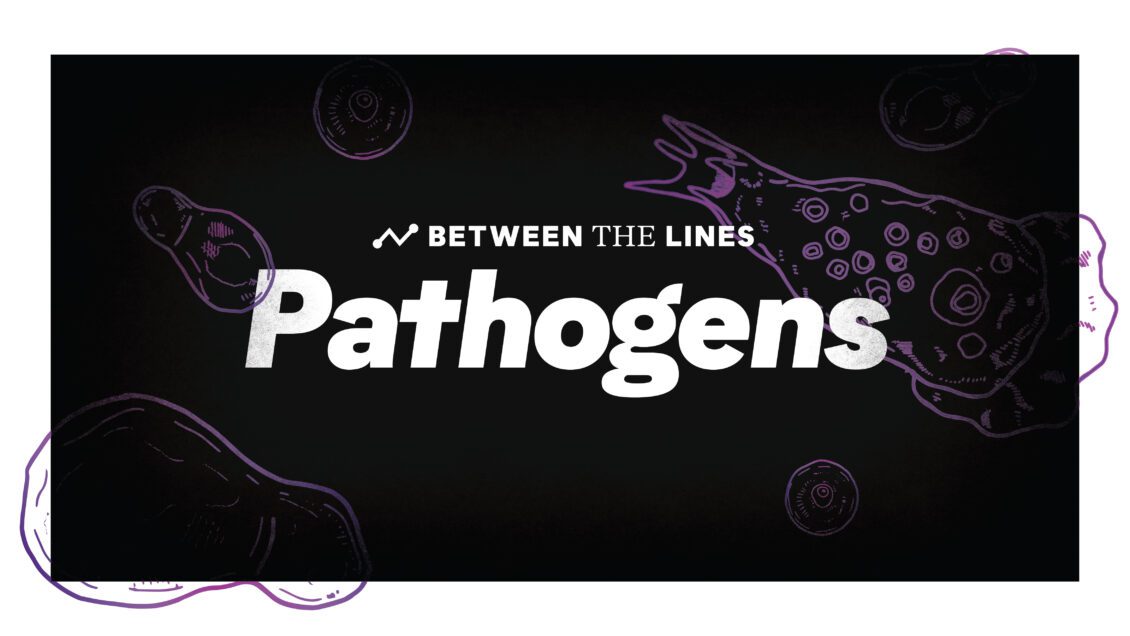 A black background graphic banner with white text in a purple outline that reads Between the Lines Pathogens and contains illustrations of a chart line and outline illustrations of cells.