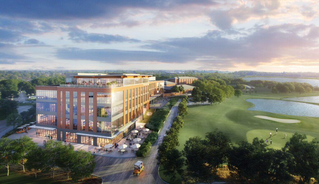 a colorized artist's rendering of a future campus building with students and golf carts in the foreground and the golf course nearby