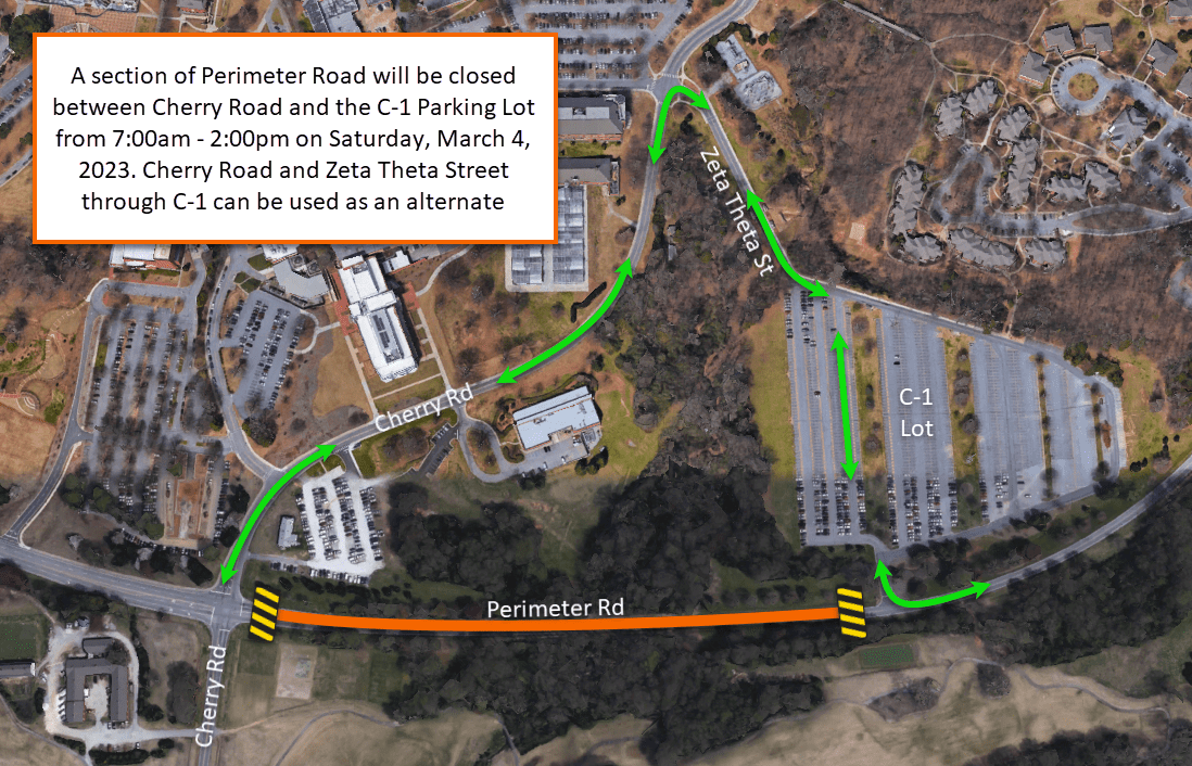 A map showing a section of Perimeter Road closed from Cherry Rd to Lot C-1