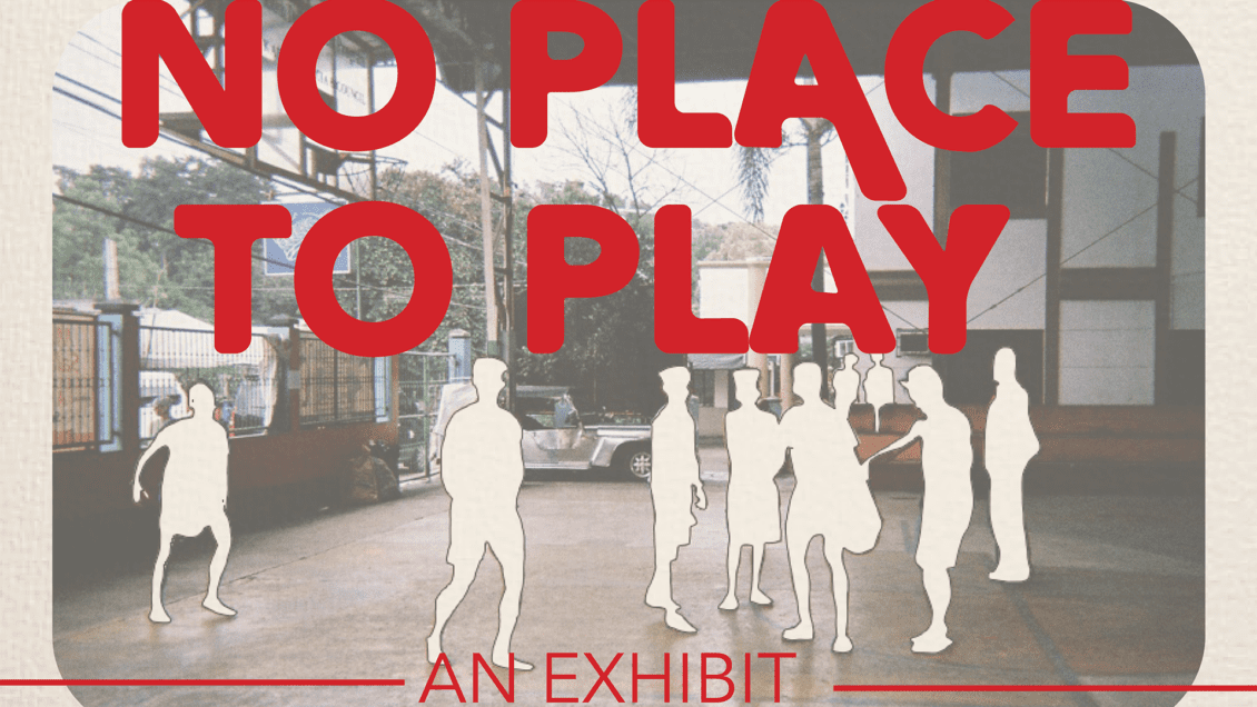 An image of the No Place to Play postcard front. The image is of a public space with the outline of a child in the center of the picture, indicating that the child is missing from the space.