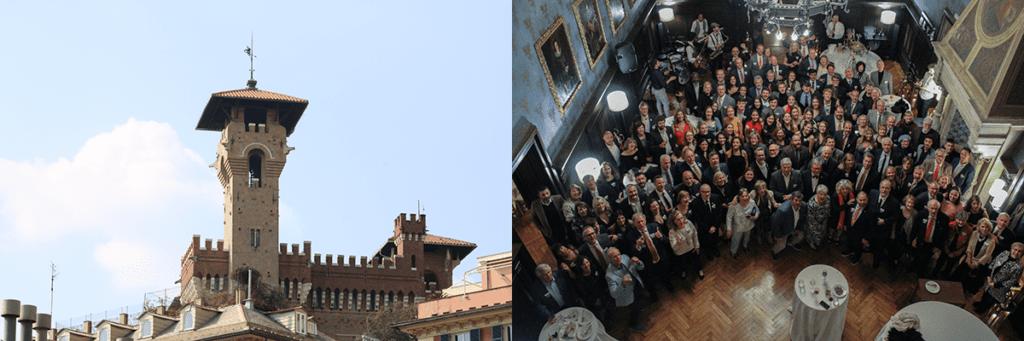 Left: an image of a castle with towers and battlements against a blue sky with white clouds. Right: more than 100 people of all ages in formalwear smile upwards toward the viewer in an ornate ballroom.