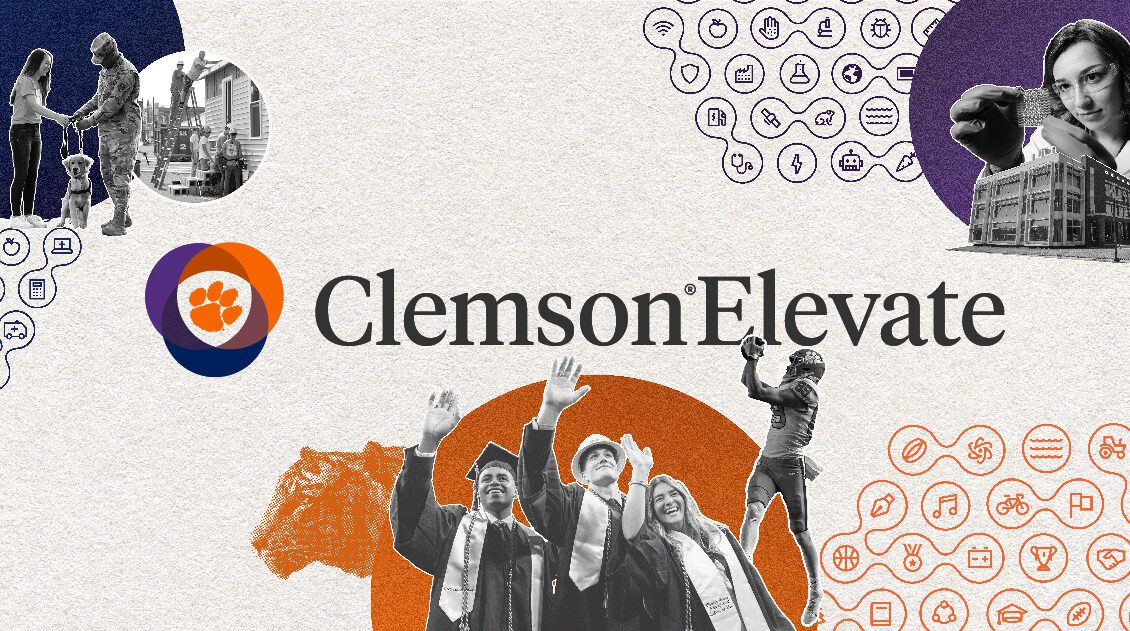 A collage of graphics and photos built around the Clemson Elevate logo.