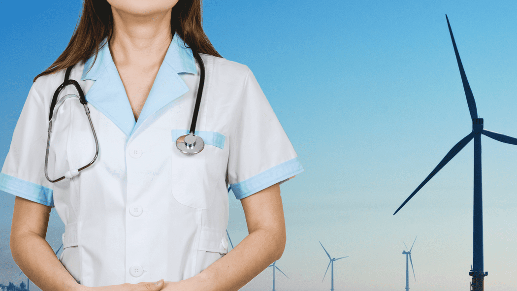 A photo illustration of a nurse in front of windmills