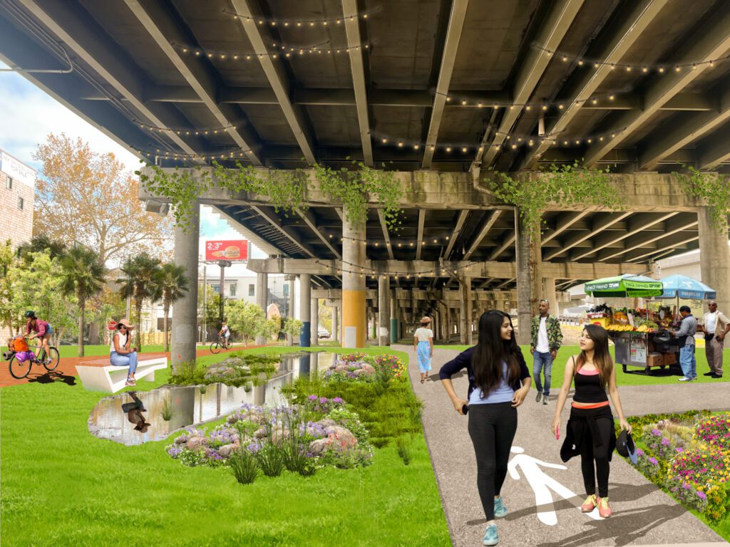 A rendering showing a park with flowers, ponds, grass, bike paths, walking paths and colorful food vendors. The park sits beneath a concrete highway overpass that has been beautified with string lights and hanging vines. A diverse group of women and men walk, stand, sit, ride bikes and speak with each other.