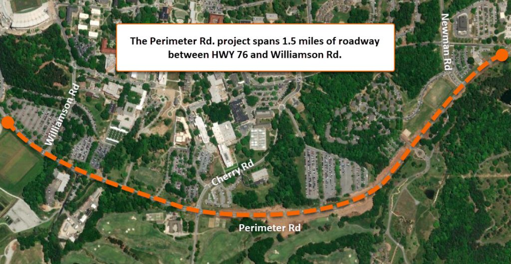 Perimeter Road diagram with text: "The Perimeter Rd. project spans 1.5 miles of roadway between HWY 76 and Williamson Rd."