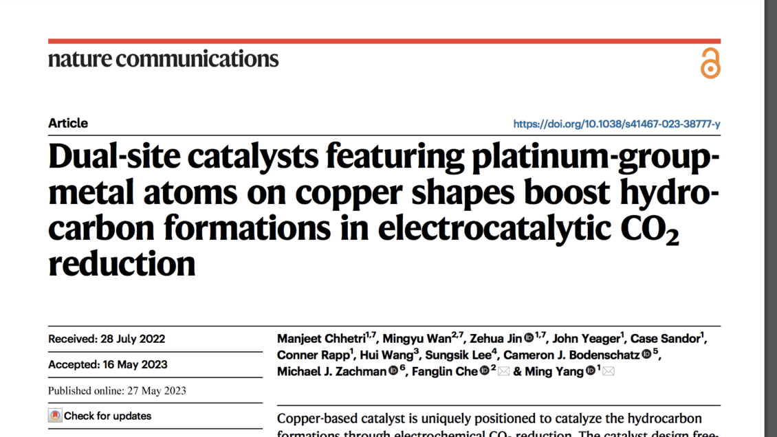 Image of paper reading: Dual-site catalysts featuring platinum-group-metal atoms on copper shapes boost hydro-carbon formations in electrocatalytic CO2 reduction.