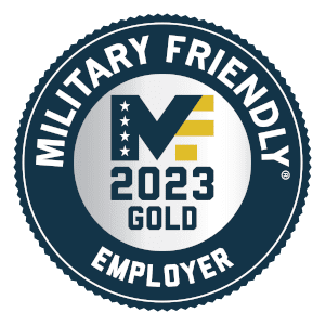 Logo for 2023 Military Friendly Employer, that reads Military Friendly Employer, 2023, gold. 