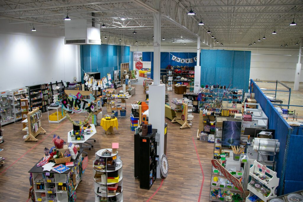Overhead view of the craft space with various stations organized by item.