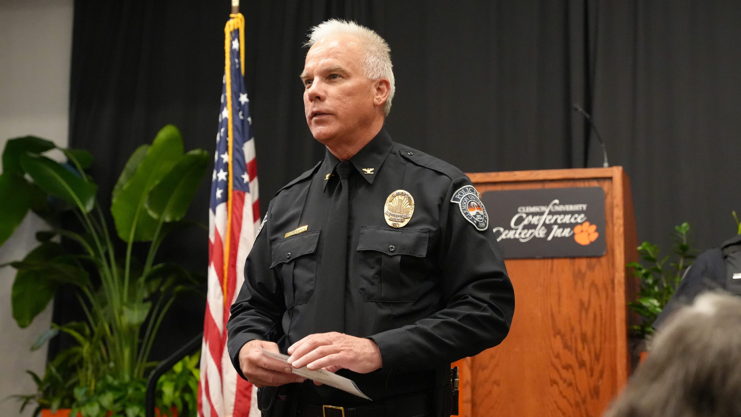 CUPD Chief Greg Mullen speaks to the audience at the CUPD awards ceremony in the Madren Center Ballroom.