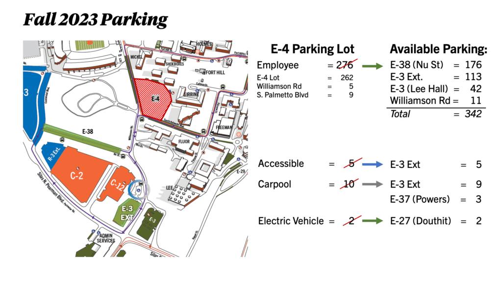 Parking map for fall 2023; see image description for details