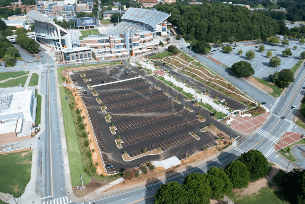 An aerial view of Tiger Walk, C-2 parking lot and Memorial Stadium