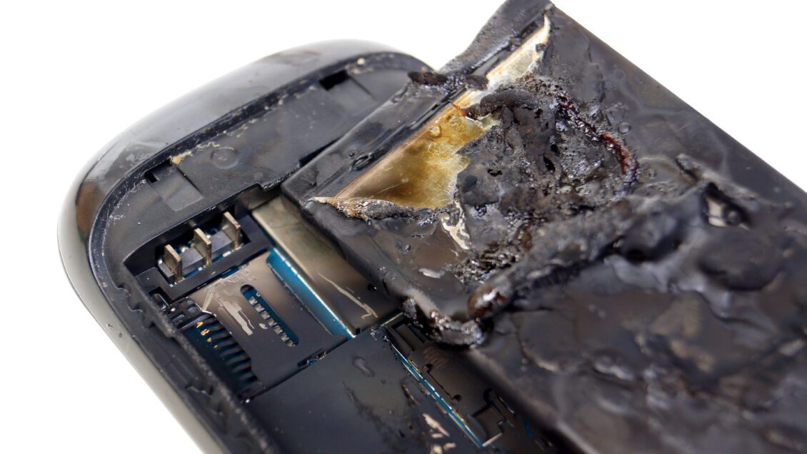 A black cell phone is in pieces, pictured from the back with fire damage.