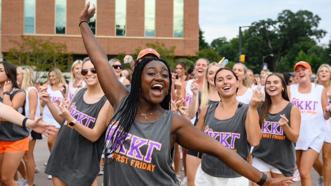 Members of Kappa Kappa Gamma enjoy the 2022 First Friday Parade in Clemson