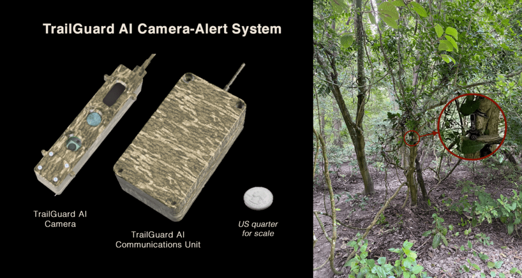 A graphic of the TrailGuard AI system alongside a photo of it hidden in a tree.