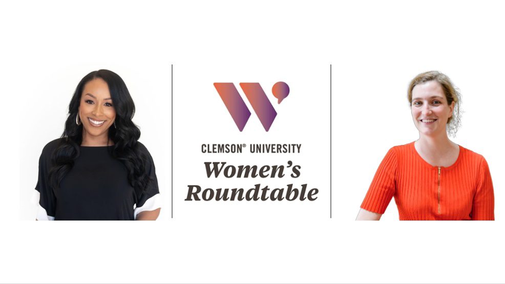 Two casually dressed women smiling at camera...logo in between as part of advertisement of a roundtable event.