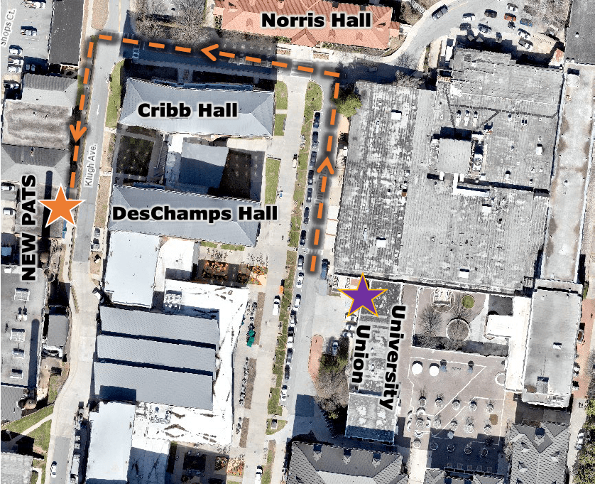 A map of Clemson University's main campus with a dotted line leading from the old University Union office to the the new PATS office, marked on Klugh Avenue with a star. Cribbs and DesChamps Halls are marked.
