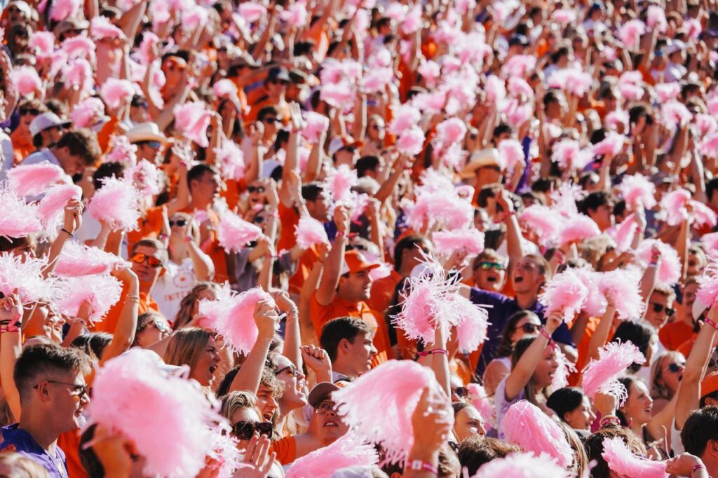 Students cheer in Death Valley waving pink pompoms