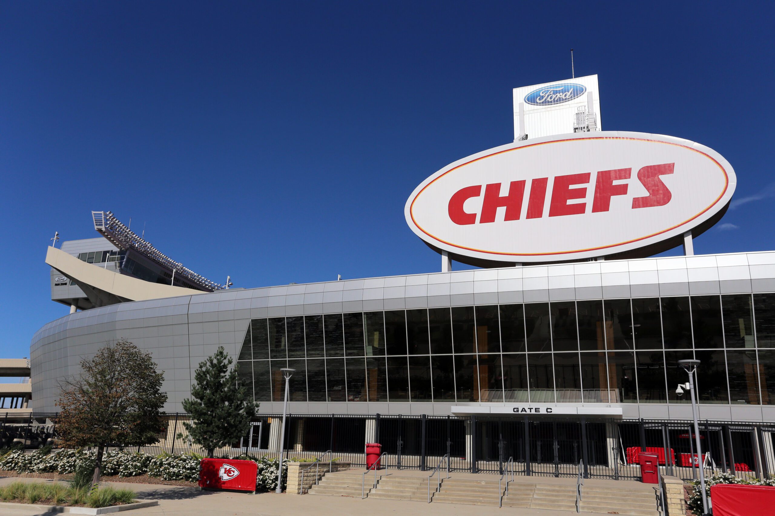 An exterior image of a business building with the Chiefs football team logo.