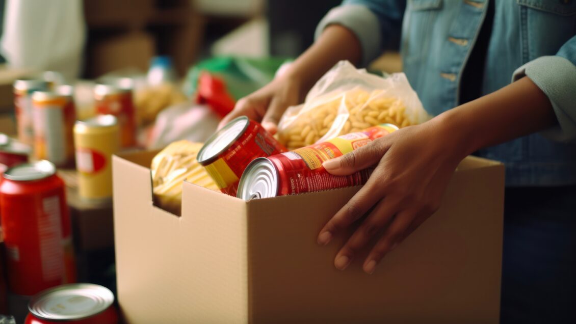 A box of donated food and goods