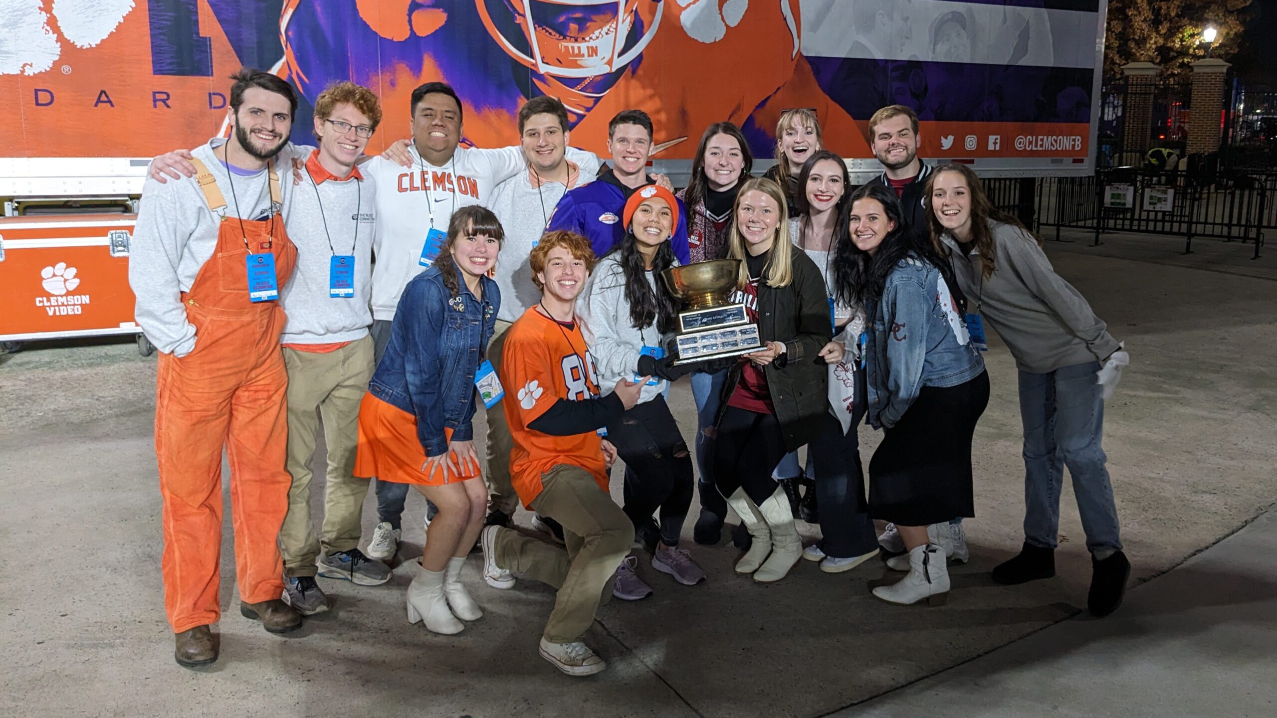 Members of Clemson and South Carolina student organizations with the Blood Bowl trophy prior to the Tigers and Gamecocks football game on Nov. 25, 2023