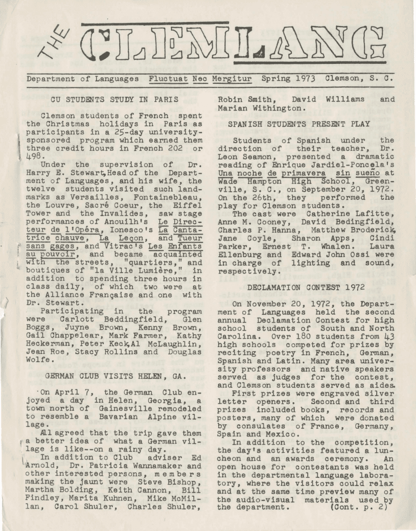 A photo of the front page of "The Clemlang" Department of Languages newsletter dated Spring 1973.