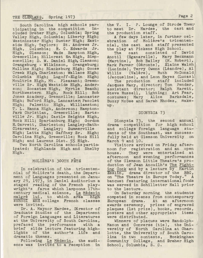 The jump page of "The Clemlang" Department of Languages newsletter dated Spring 1973.