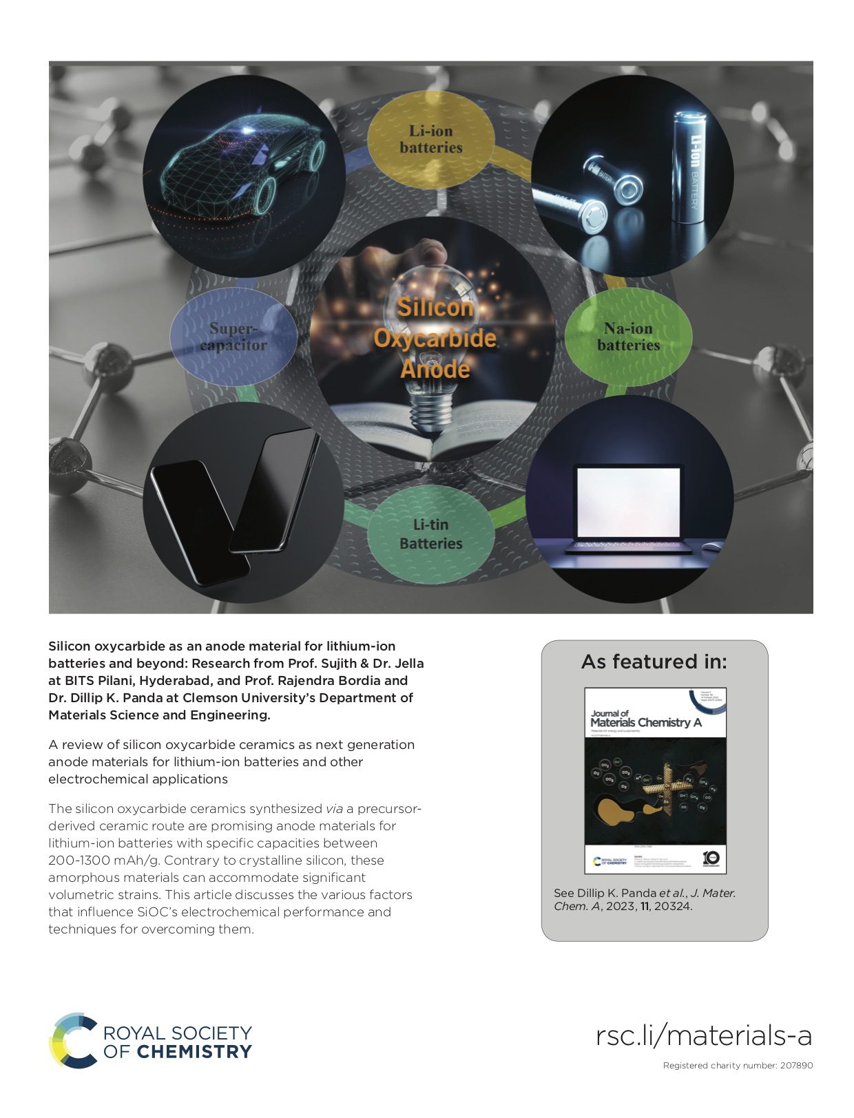 The inside back cover of Journal of Chemistry Materials A that features Panda's work, showing a graphic of a silicon oxycarbide anode and the Royal Society of Chemistry logo. 