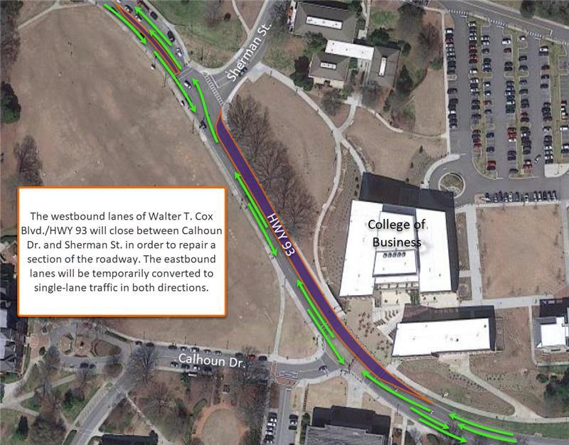 An aerial view of Highway 93 on Clemson University's campus. Text reads "The westbound lanes of Walter T. Cox
Blvd. HWY 93 will close between Calhoun
Dr. and Sherman St. in order to repair a section of the roadway. The eastbound lanes will be temporarily converted to single-lane traffic in both directions."