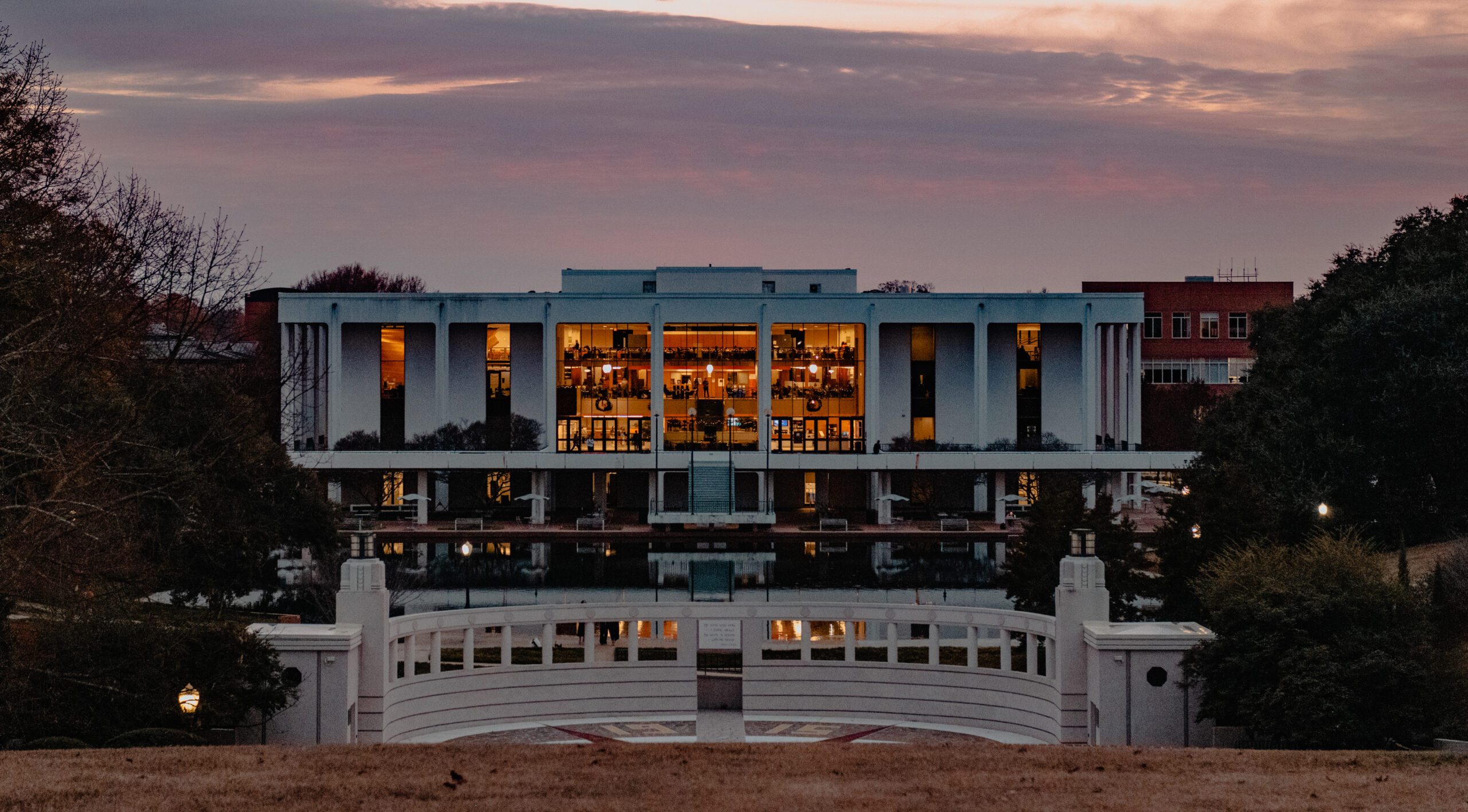 Clemson University's RM Cooper Library viewed from the amphitheater at sunset