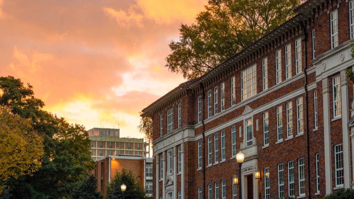 Spectacular sunset over main campus buildings at Clemson University