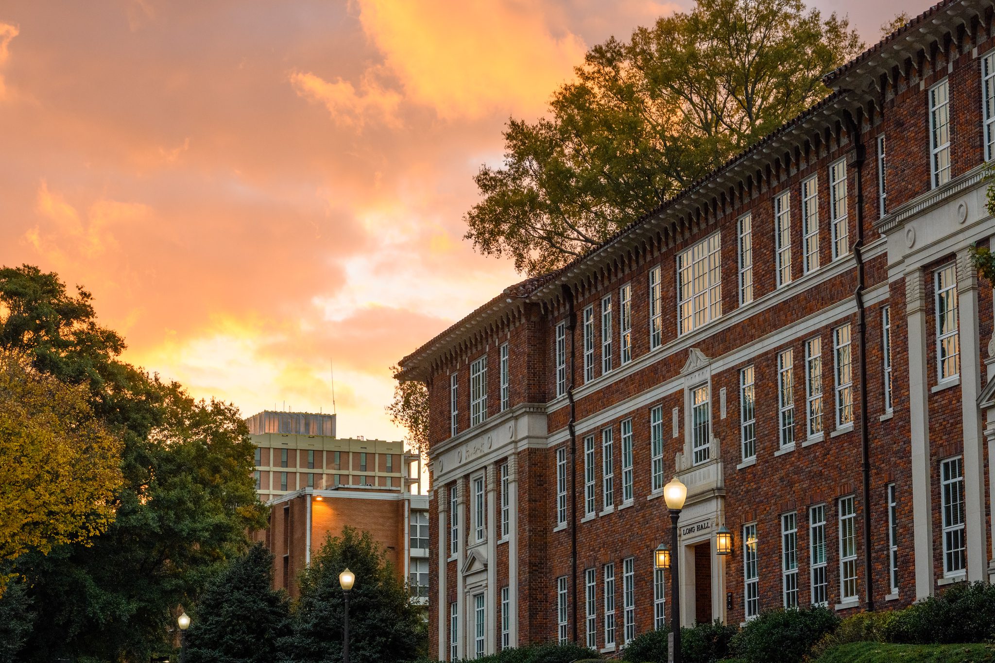 Spectacular sunset over main campus buildings at Clemson University