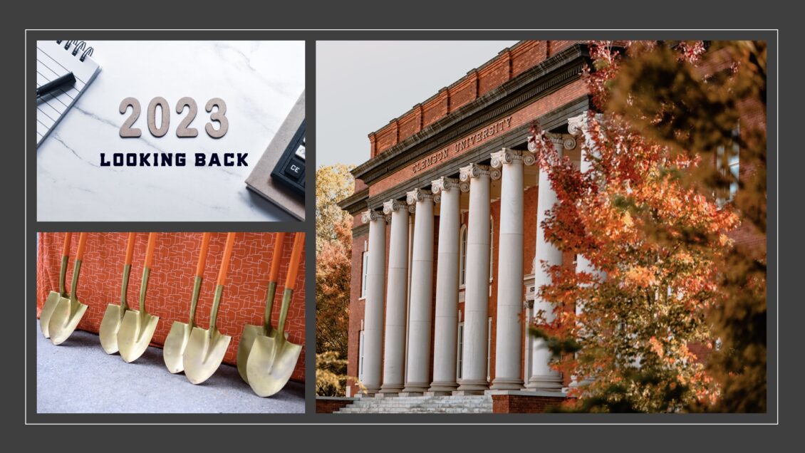 a montage of photos that include shovels, a building with doric columns and a graphic that says a look back in 2023.
