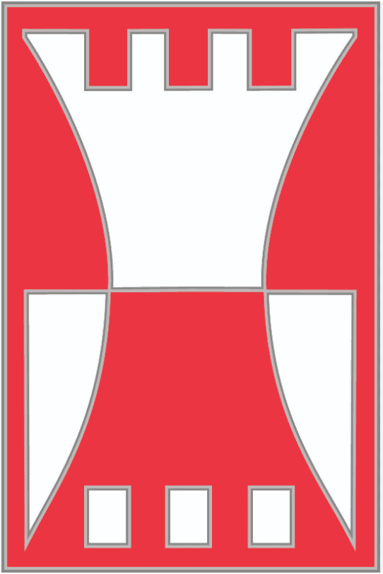 The insignia for the 416th Theater Engineering Command, which consists of a white design resembling a castle turret on a scarlet red background.
