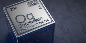 A square with information about Oganesson, the 118th element on the periodic table.