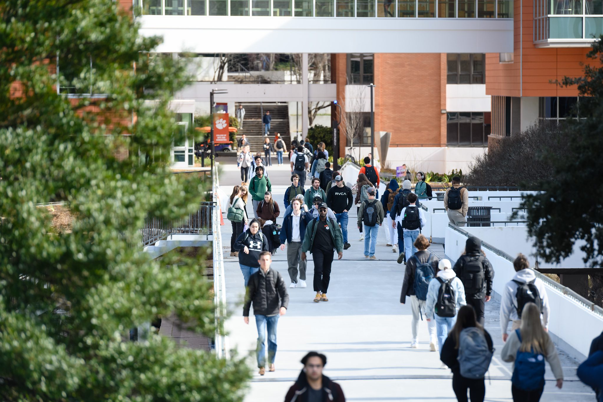 Students walking across a bridge walkway at campus in the fall. Evergreen trees flank the left side of the crossway and brick buildings are in the background.