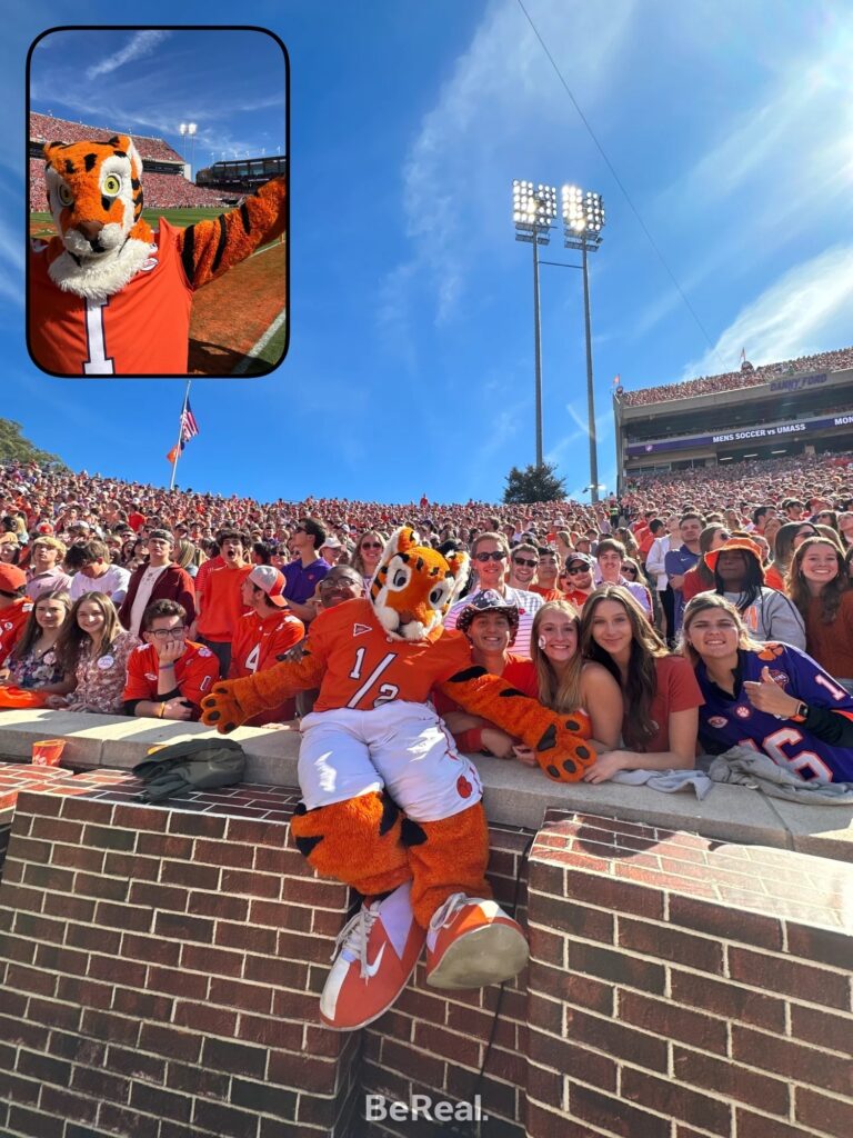 A BeReal featuring the Tiger and the Tiger Cub at a Clemson football game