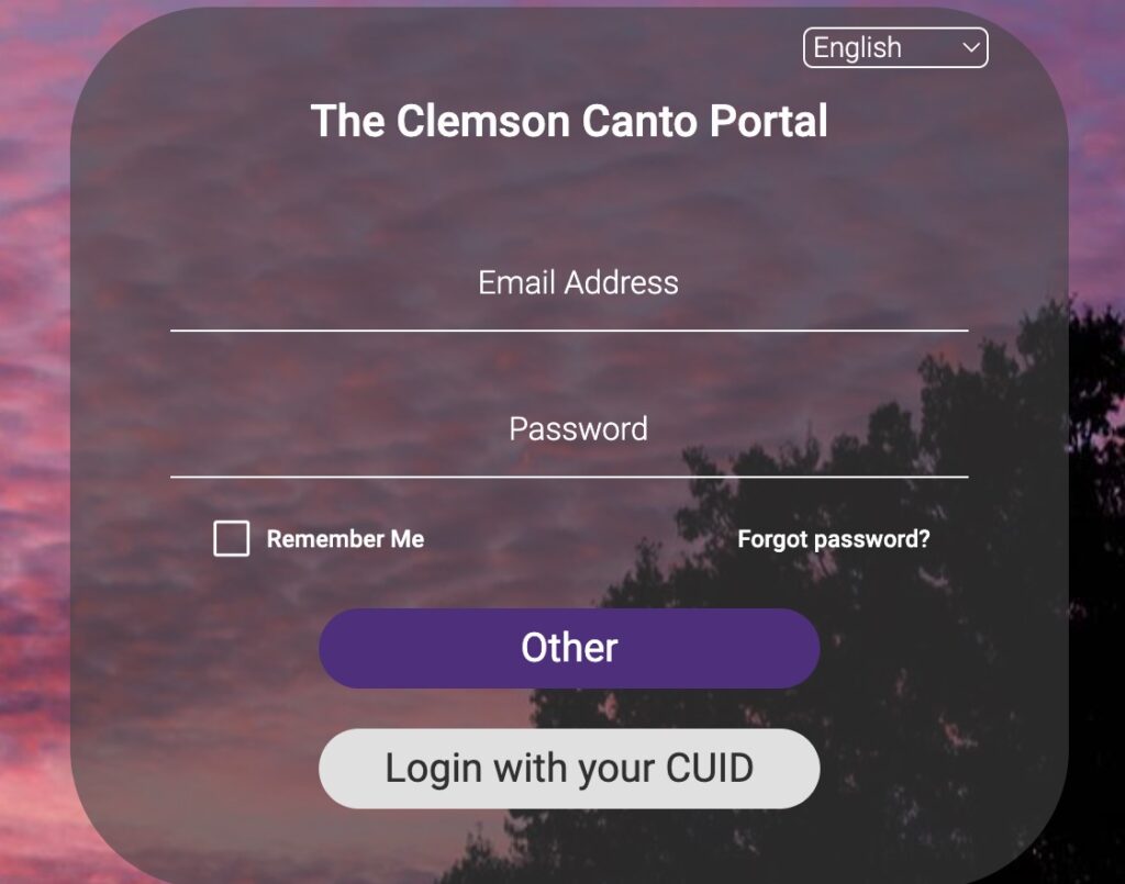 A screenshot of the Clemson Canto portal login portal, with fields for email and password