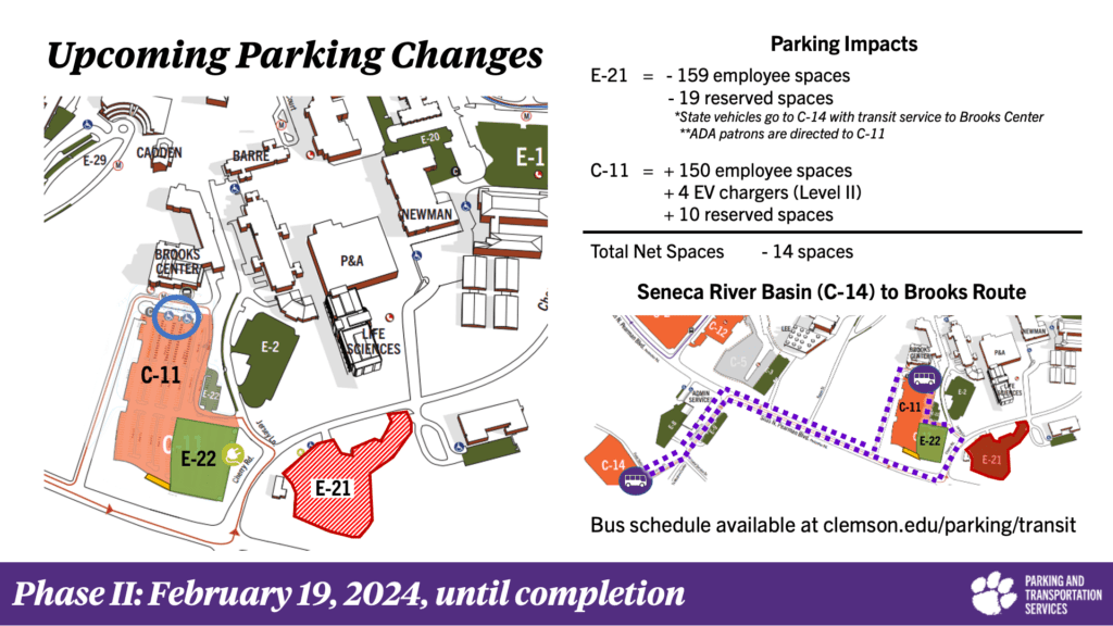 A map of Clemson University main campus showing parking impacts, see image description for details