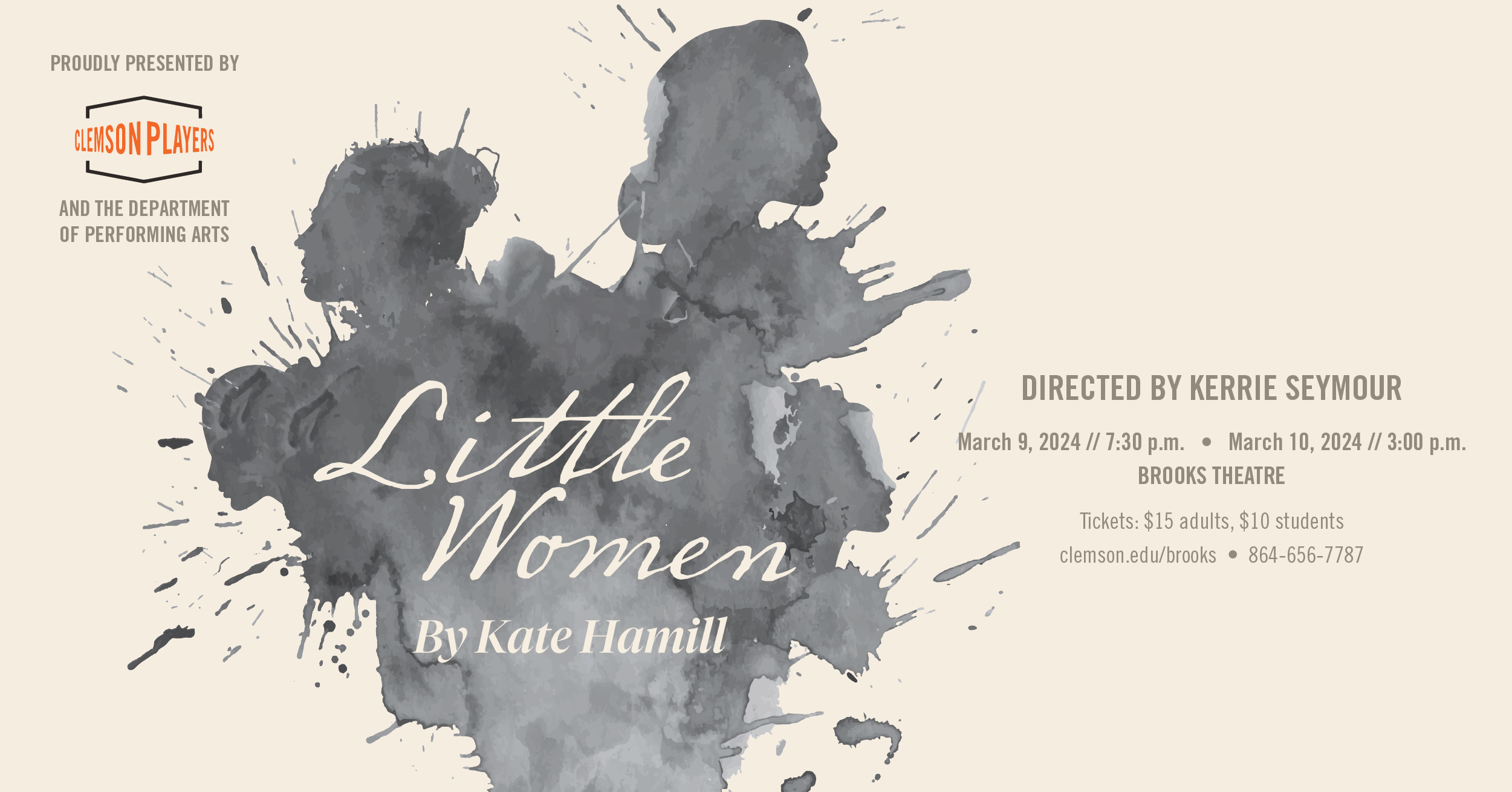 This is a digital banner promoting "Little Women" performances in the Brooks Center for the Performing Arts in March 2024.