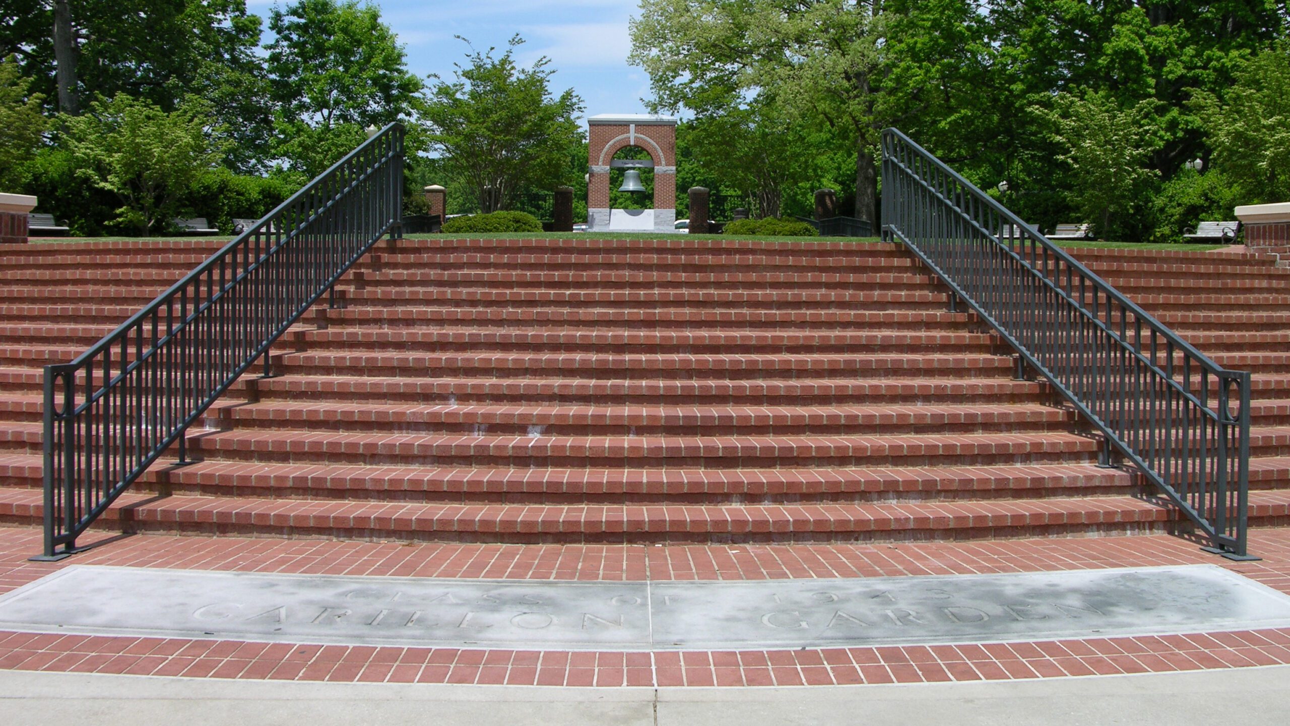 A wide brick stairway leading to the Carillon Garden Class of '39 bell at Clemson University