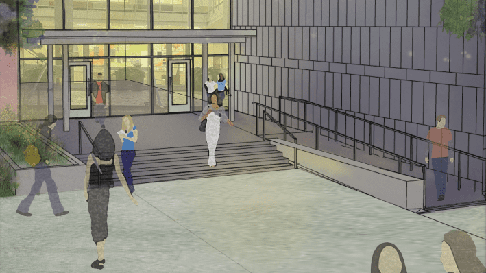 A rendering of a building featuring a glass facade with stairs leading up to doors and a long ramp on the right side of the stairs and people nearby