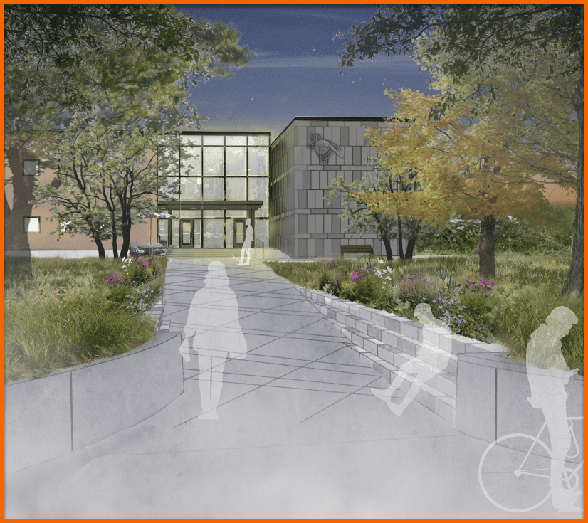 A rendering of a long stone walkway leading to a glass-facade building with silhouettes of people overlaid