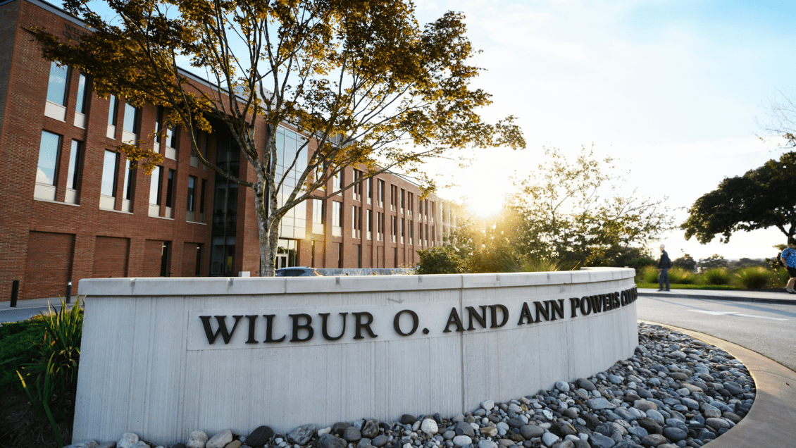 The Wilbur O. and Ann Powers College of Business building sign.